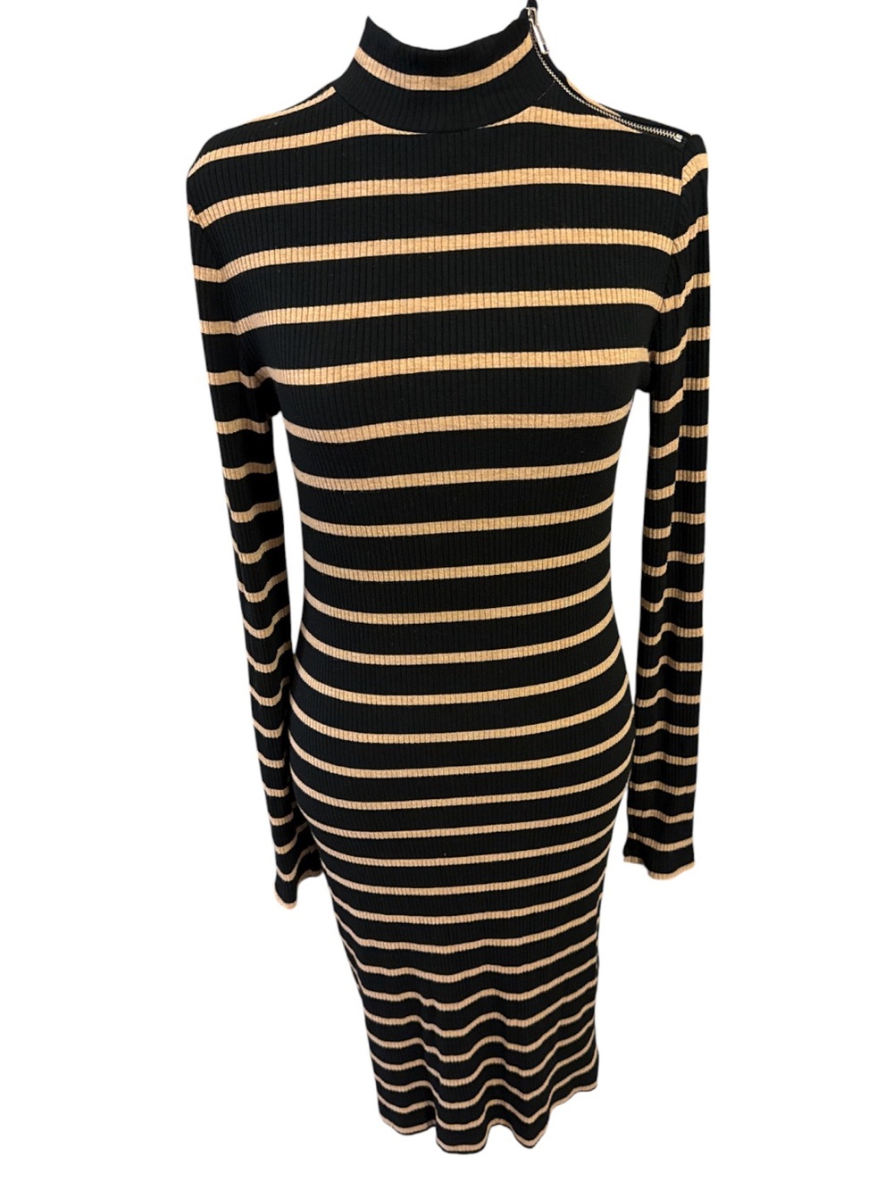 Small Tall Black and Tan Striped Long Sleeve Mock Neck Ribbed-knit Dress